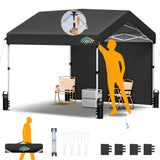 COBIZI Canopy Tent 10x10 Pop Up Canopy with One Button Push Center Lock, Portable Carport with 1 sidewall, 10x10 Carport Canopy for Parties, Commercial, Events, Waterproof, UPF 50+, Black COBIZI