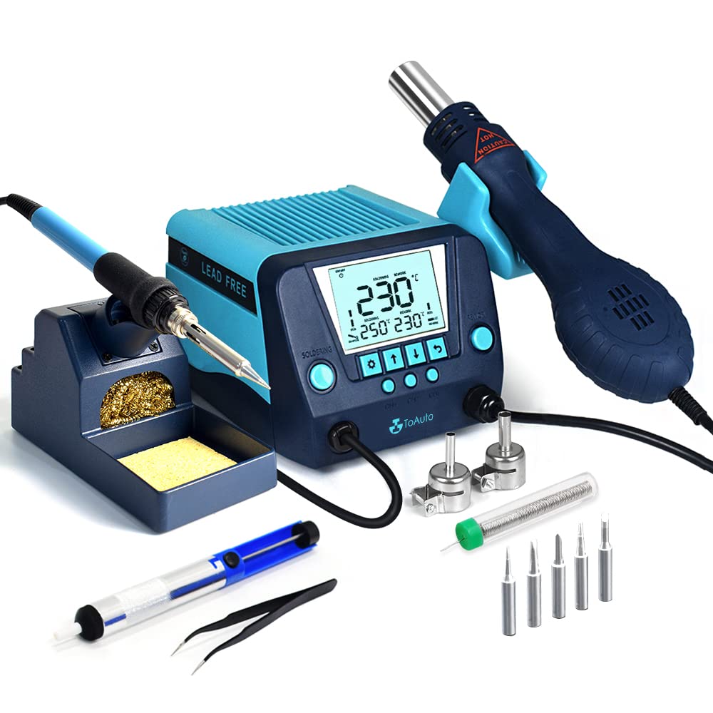 TOAUTO DS882 Soldering Station, 2 in 1 Soldering Iron Hot Air Gun Rework Station Kit with LCD Display,°F /°C, Cool/Hot Air Conversion, Auto Standby & Sleep, Temperature Memory & Lock & Correction TOAUTO