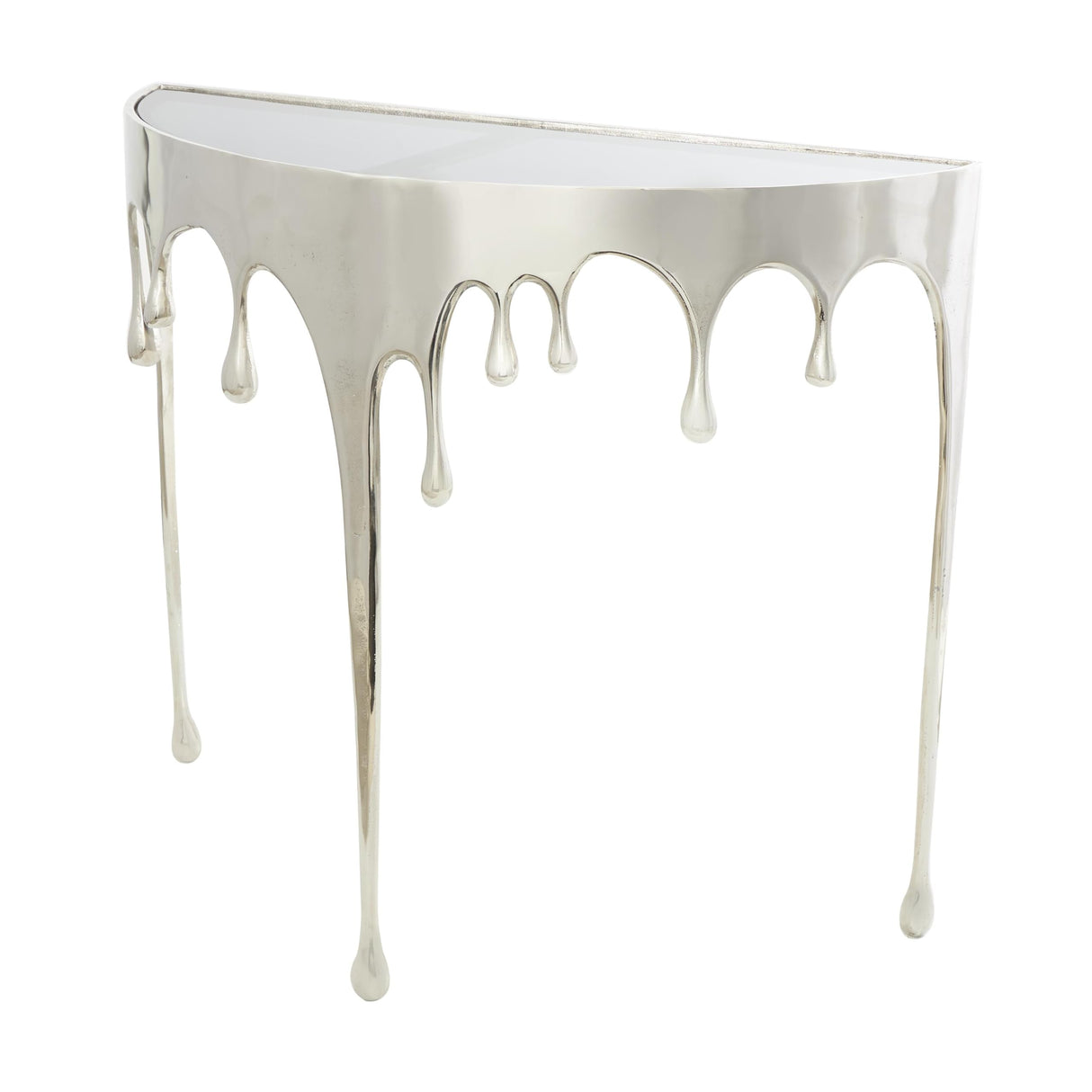 Deco 79 Aluminum Metal Abstract Console Table Drip with Melting Designed Legs and Black Glass Top, 36" x 14" x 32", Silver Deco 79