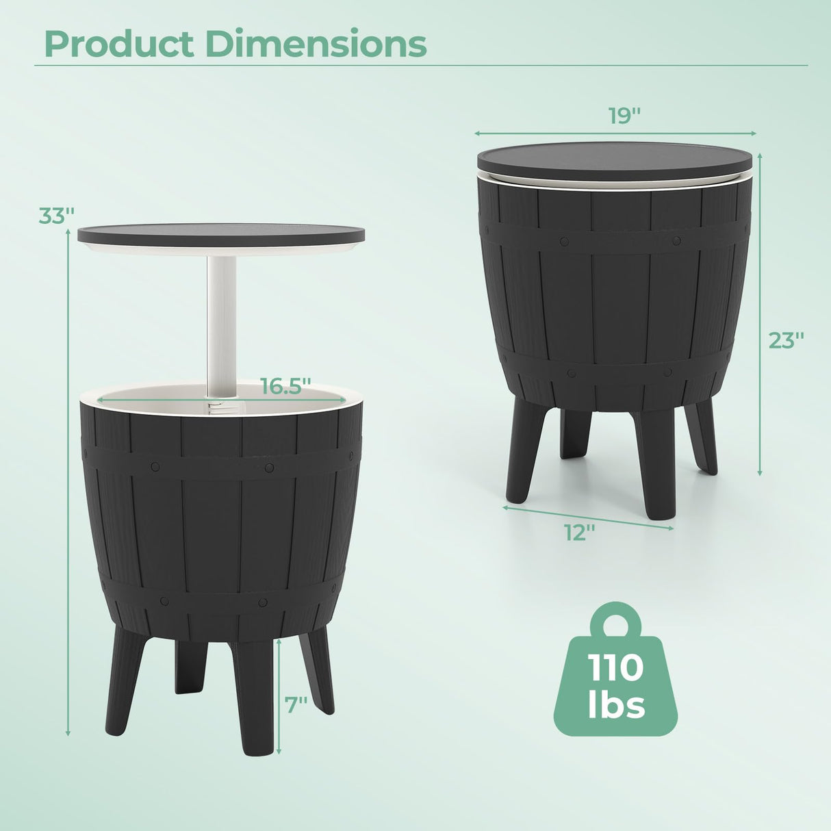 CHEFJOY 10 Gallon Cooler Table, Cool Bar Table with Height Adjustable Tabletop & Drainage Plug, 3-in-1 Cocktail Drinks & Wine, Outdoor Cooler Side Table for Backyard, Party, Poolside (Black) CHEFJOY