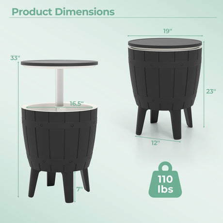 CHEFJOY 10 Gallon Cooler Table, Cool Bar Table with Height Adjustable Tabletop & Drainage Plug, 3-in-1 Cocktail Drinks & Wine, Outdoor Cooler Side Table for Backyard, Party, Poolside (Black) CHEFJOY