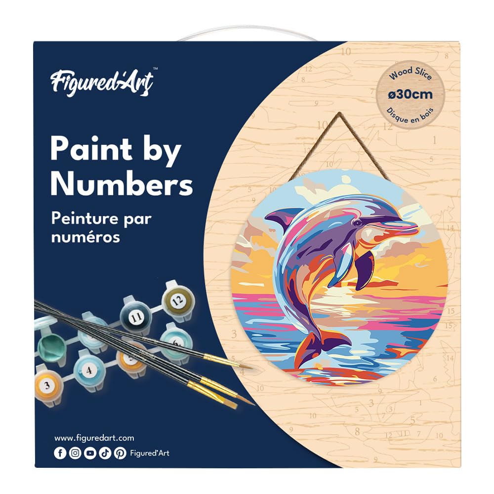 Figured'Art Paint by Numbers Kit for Adults on Wood Slice, 11.8in Diameter - Dolphin - Craft Art Painting DIY Canvas Figured'Art