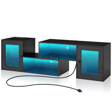 VECELO Deformable LED TV Stand with Power Outlets for 55/60/65/70 Inch Televisions, Gaming Entertainment Center with Cabinet for Living Room Bedroom, 4 AC Outlets & 2 USB-A Ports, Black VECELO