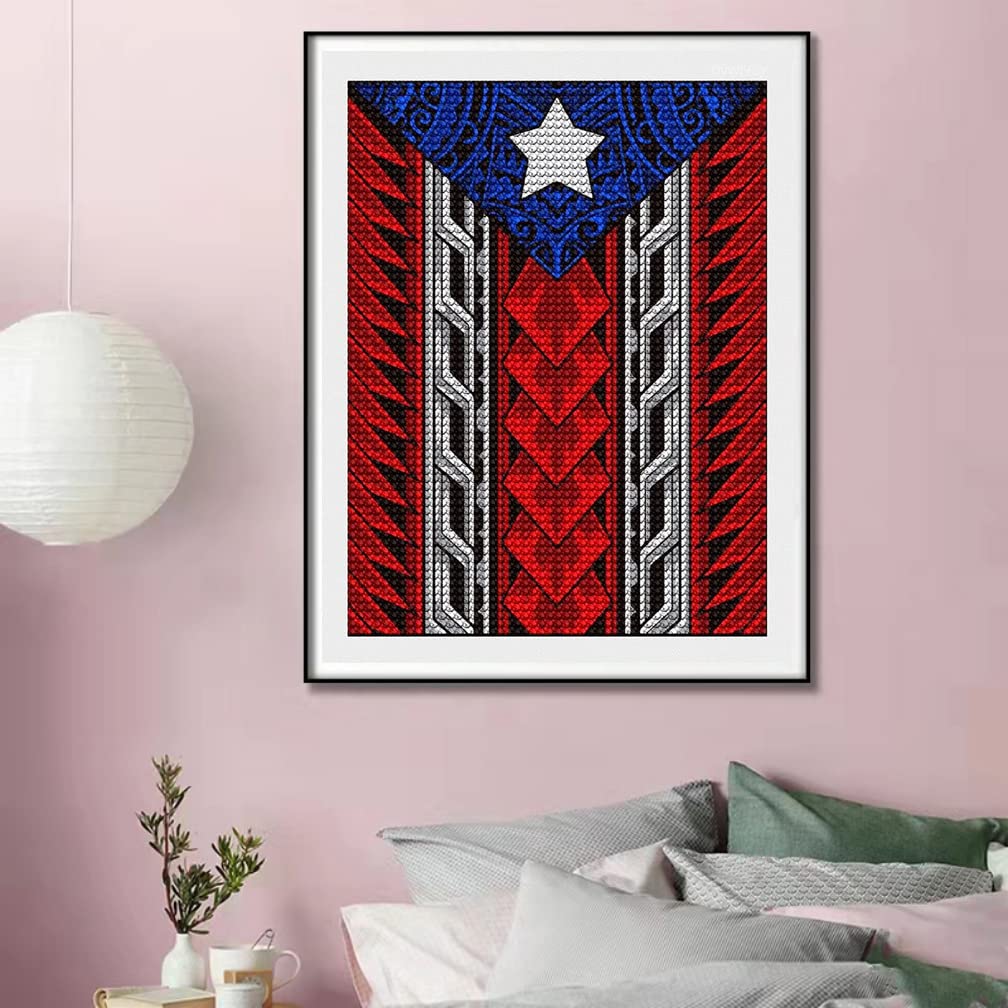 DIY Diamond Painting Kit Puerto Rican Tribal Flag 5D Diamond Picture Rhinestone Pasted DIY Cross Stitch Arts Diamond Painting Kits for Home Wall Decor Gifts 12x16 inch DVWIVGY
