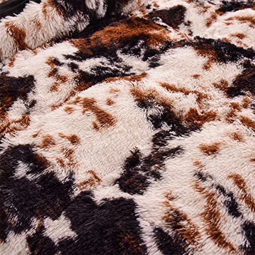 Aimuan Cow Print Duvet Cover Shaggy Fluffy Tie Dye Brown Black Velvet Bedding Set Super Soft Faux Fur Fuzzy Comforter Cover with Pillowcases (Coffee-Black, King) Aimuan