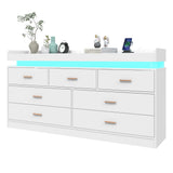 Hlivelood 7 Drawer Dresser with LED Light and Charging Station, Modern Chest of Drawers for Closet, Wide Drawer Organizer Cabinet for Bedroom, Living Room, Entryway, Hallway, White Hlivelood