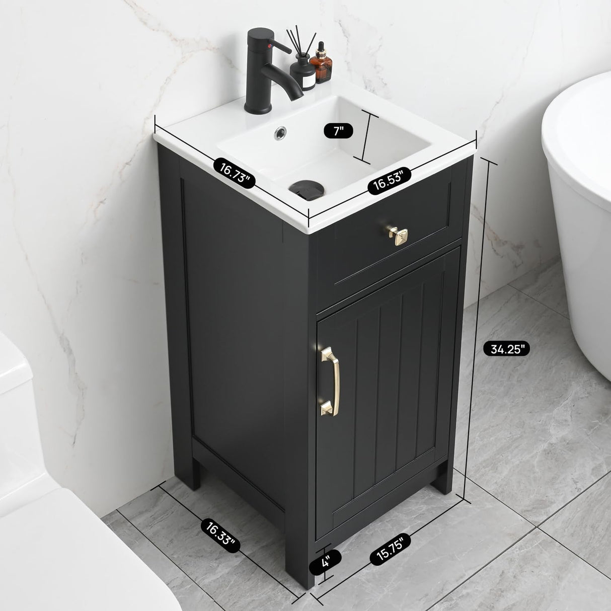 ALBAD 16-Inch Modern Bathroom Vanity with Sink, Compact Bathroom Vanity Set with Storage, Freestanding Small Space Bathroom Cabinet, Single Sink Cabinet with Adjustable Shelf (Black, 16 Inch) ALBAD