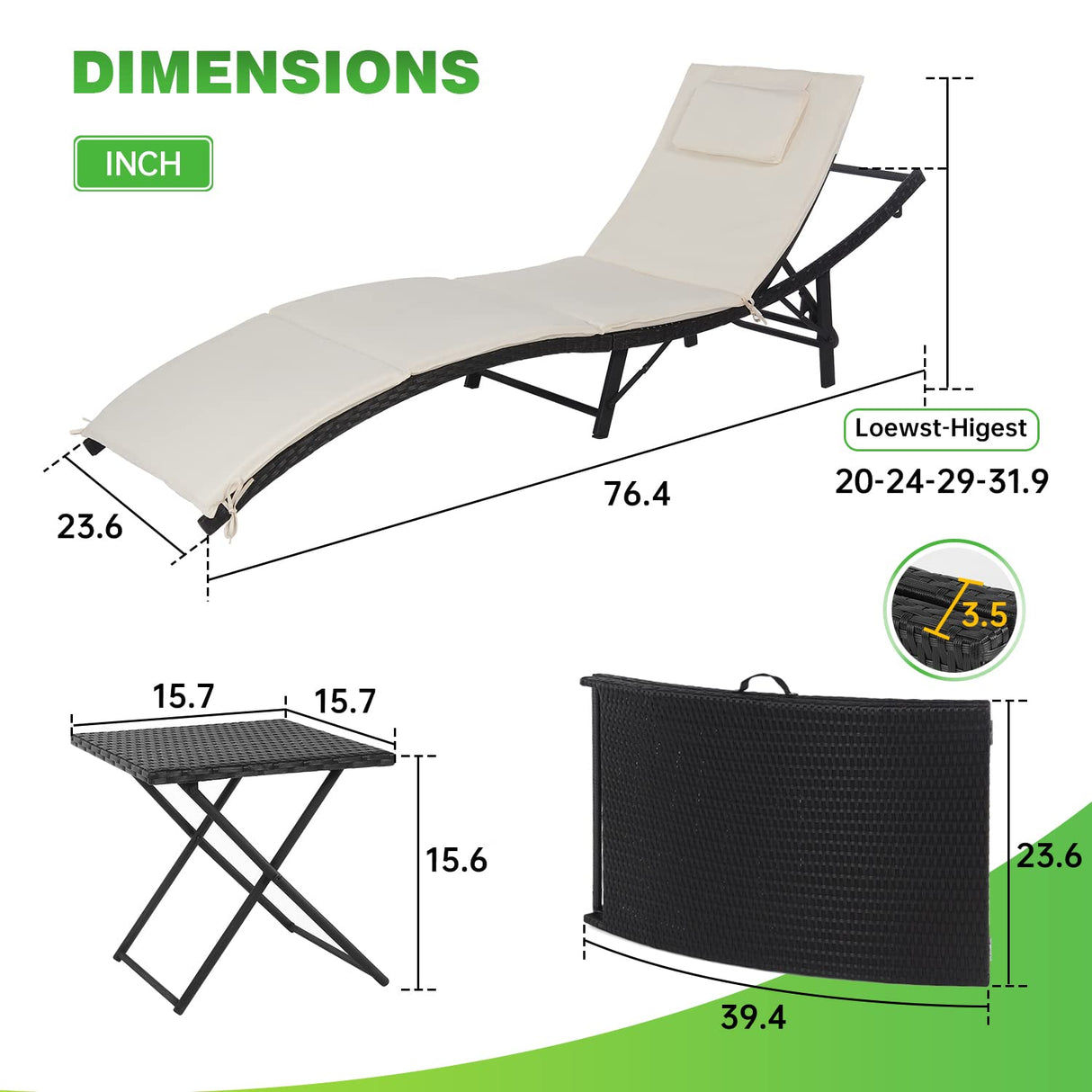 PayLessHere Patio Chaise Lounge Set of 3 Adjustable Back Outdoor Lounge Chair Folding Wicker Recliner Chair 2 Pieces Outside Chairs with Folding Table and Khaki Cushioned for Poolside Deck Lawn Beach PayLessHere