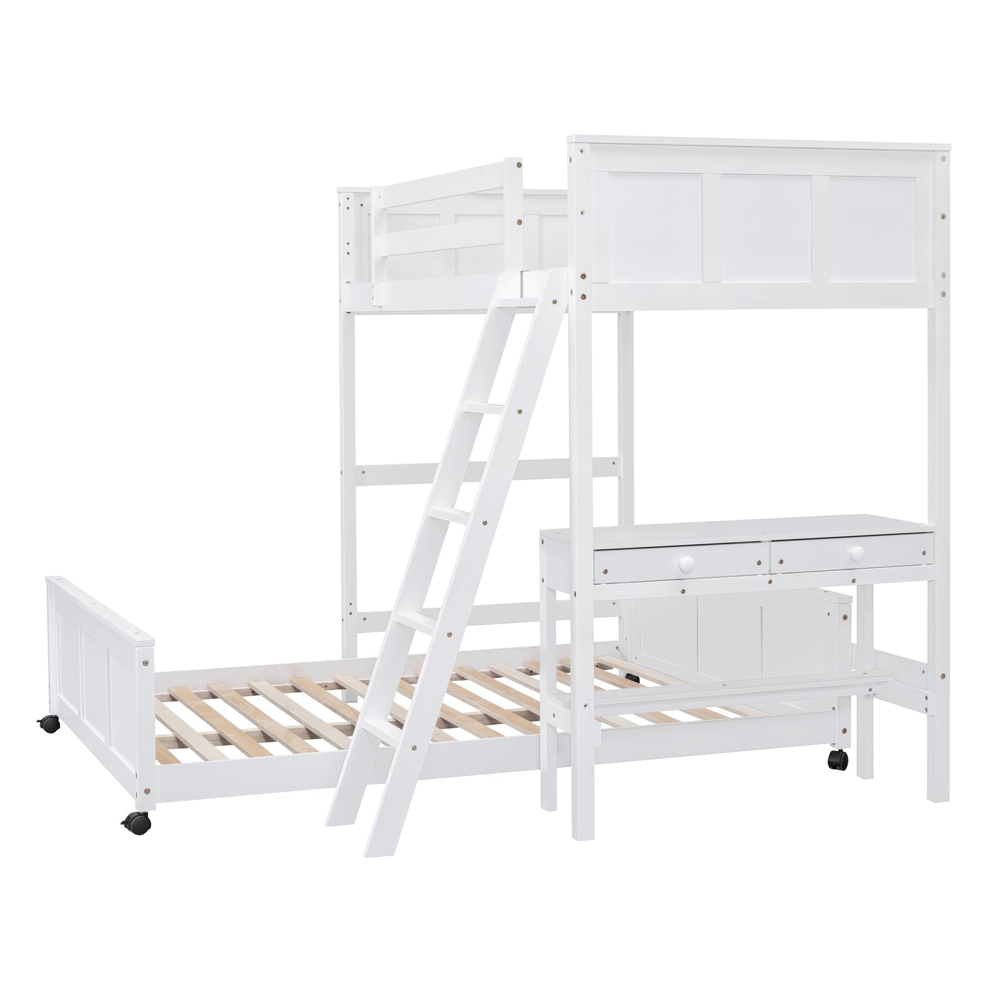 Bellemave Twin Over Full Bunk Bed with Desk and Movable Underbed in White - WoodArtSupply