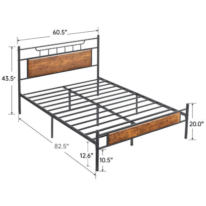 VECELO Rustic Industrial Queen Platform Bed Frame with Wood Headboard - No Box Spring Needed, Brown - WoodArtSupply