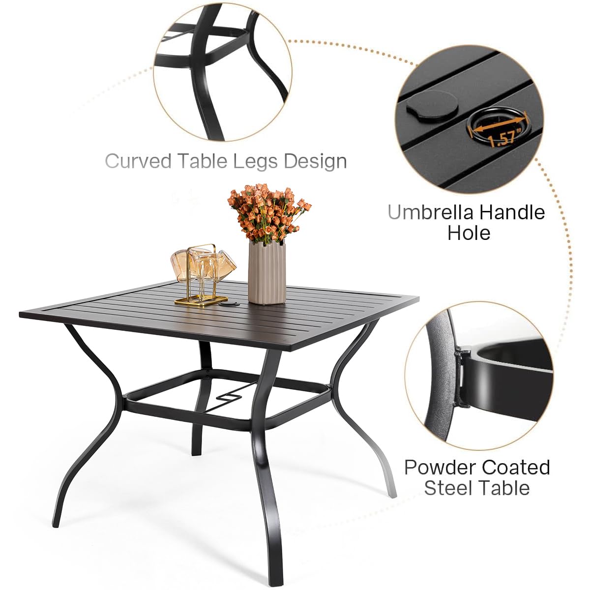 Anmutig 5 Piece Patio Dining Set, 4 PCS Outdoor Black Sling Stackable Chairs and 35" Square Metal Patio Table with Umbrella Hole for Garden Backyard Deck Anmutig