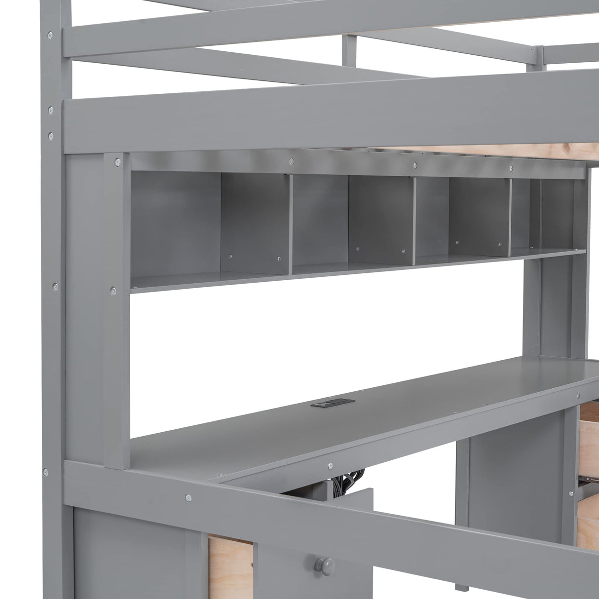 Full Size Loft Bed with Desk, Storage, Charging Station and Safety Features in Grey Bellemave