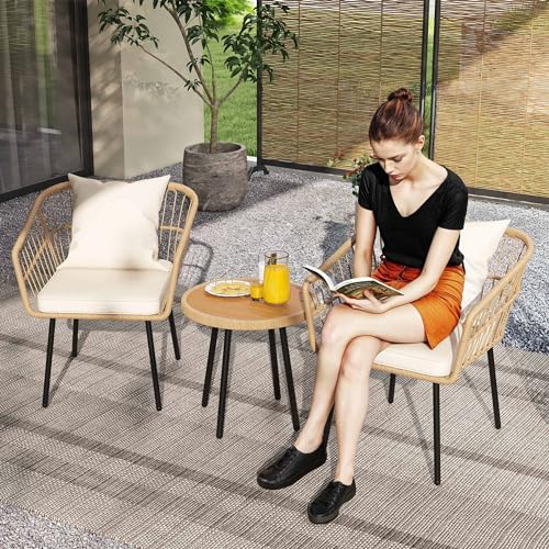 DWVO All-Weather Wicker Patio Furniture Bistro Set, 3-Piece Outdoor Patio Conversation Set with Table and Seat Cushions for Patio, Balcony, Backyard, Porch and Terrace - WoodArtSupply