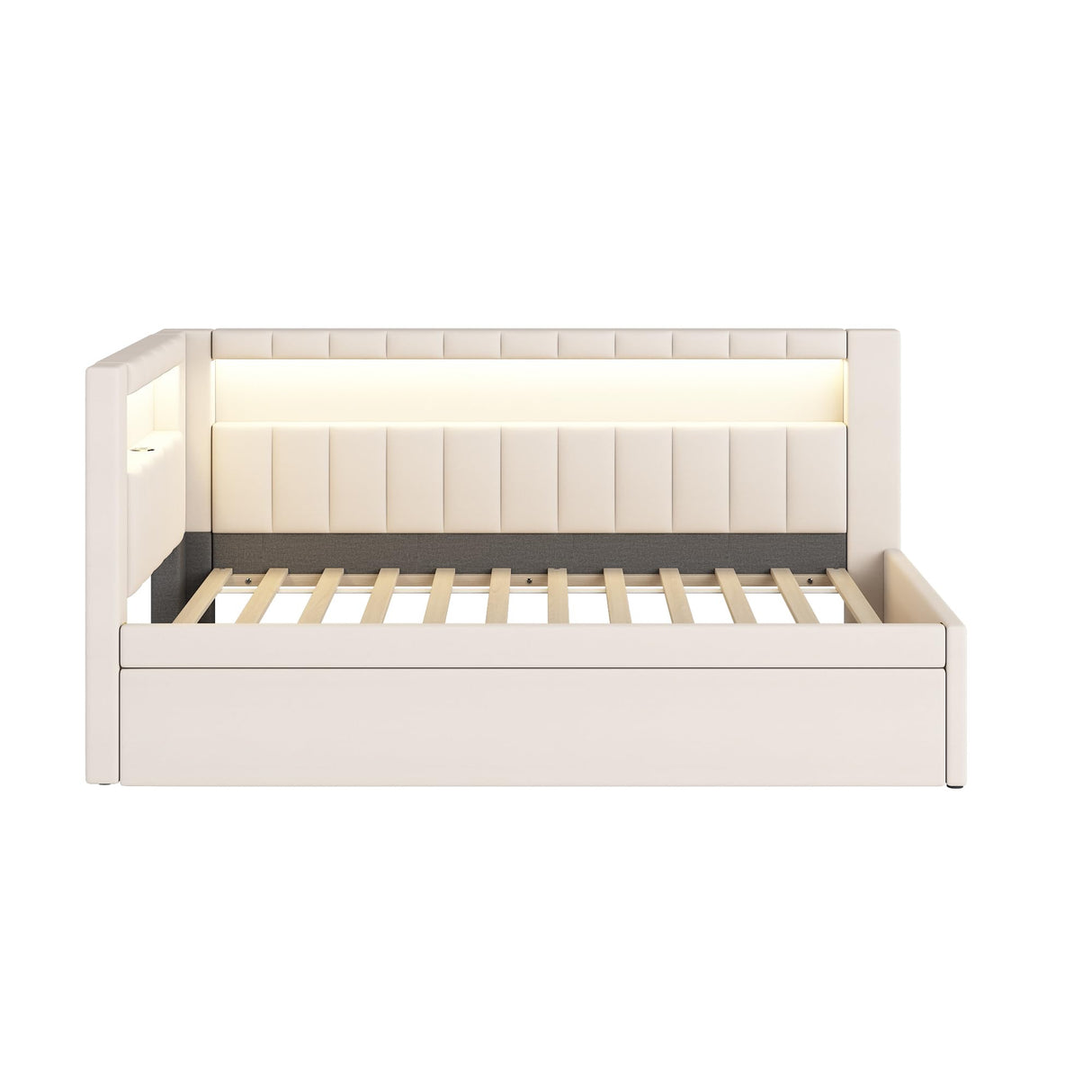 Merax Modern Upholstered Platform Bed Frame with USB Ports & Trundle Bed, Floor Sofa Day Bed, No Box Spring Needed/Easy Assemble/Twin,White Merax