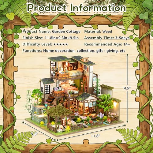 DIY Miniature House Kit, Dollhouse Kit, 3D Wooden Puzzles Bookshelf Craft Kits, Mini Doll House Building Kit for Adults Teen(Garden Cottage)