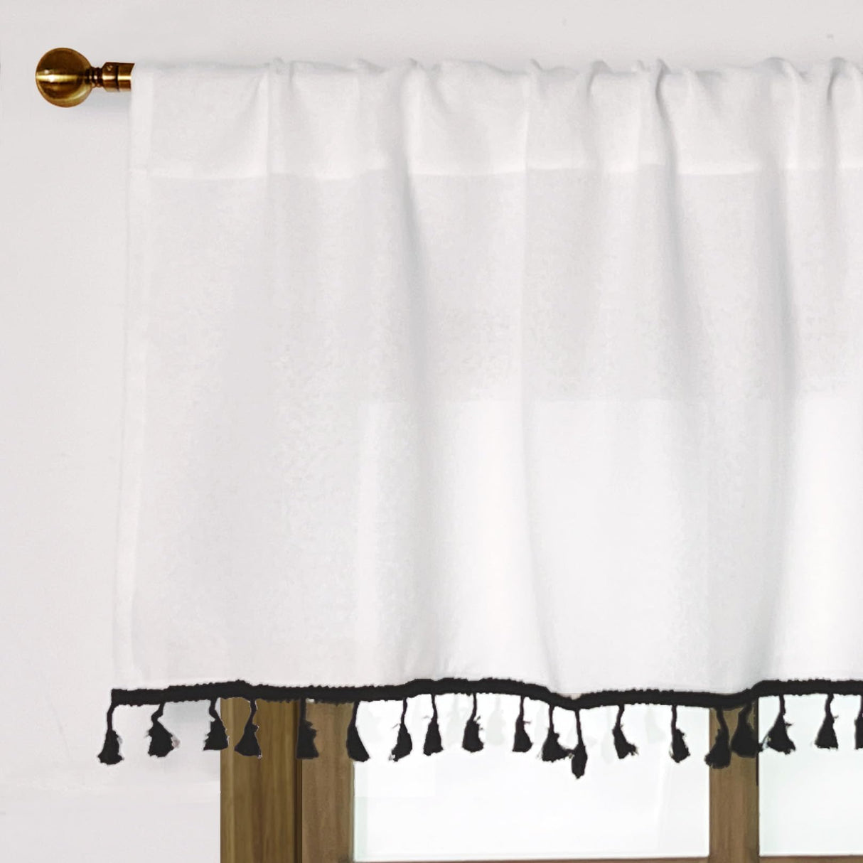 2 Pack Faux Linen White Kitchen Valances with Tassels Modern Farmhouse Valance Curtains Topper Country Rustic Bathroom Small Window Treatment Boho Decor (54x15 inch, Black Tassels) Oindec