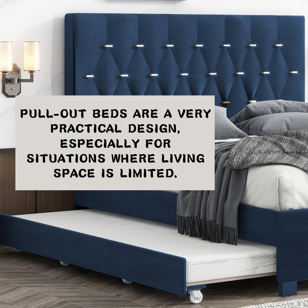 KEIKI Upholstered Queen Size Platform Bed with Trundle and Drawer, Velvet Fabric Bed Frame with Wood Slats/Save Space for Kids Teens Adults Bedroom, Modern Design, No Spring Box Required, Blue KEIKI