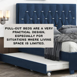 KEIKI Upholstered Queen Size Platform Bed with Trundle and Drawer, Velvet Fabric Bed Frame with Wood Slats/Save Space for Kids Teens Adults Bedroom, Modern Design, No Spring Box Required, Blue KEIKI