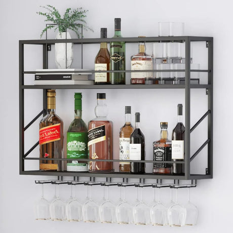 ZAOBAS Wall Mounted Wine Rack, Wine Rack Wall Mounted with Wine Glass Rack, 2-Tier Multi-Functional Shelf for Home Restaurant Bar Storage Rack (39.3”W x 7.8”D x 26”H) ZAOBAS