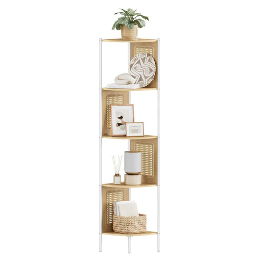 VASAGLE 5-Tier Corner Shelf Stand, Boho Corner Bookshelf with Polyrattan Sides, Plant Stand for Living Room Bedroom Study Kitchen, Oak Beige ULLS588Y57