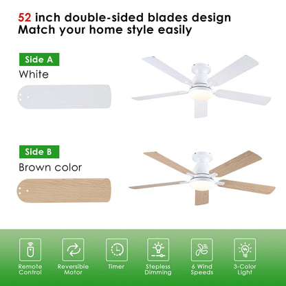 Ceiling Fans with Lights- 52" Low Profile Indoor Ceiling Fan with Light and Remote/APP Control, Flush Mount, LED Dimmable DC Reversible Modern Ceiling Fan for Bedroom（White）