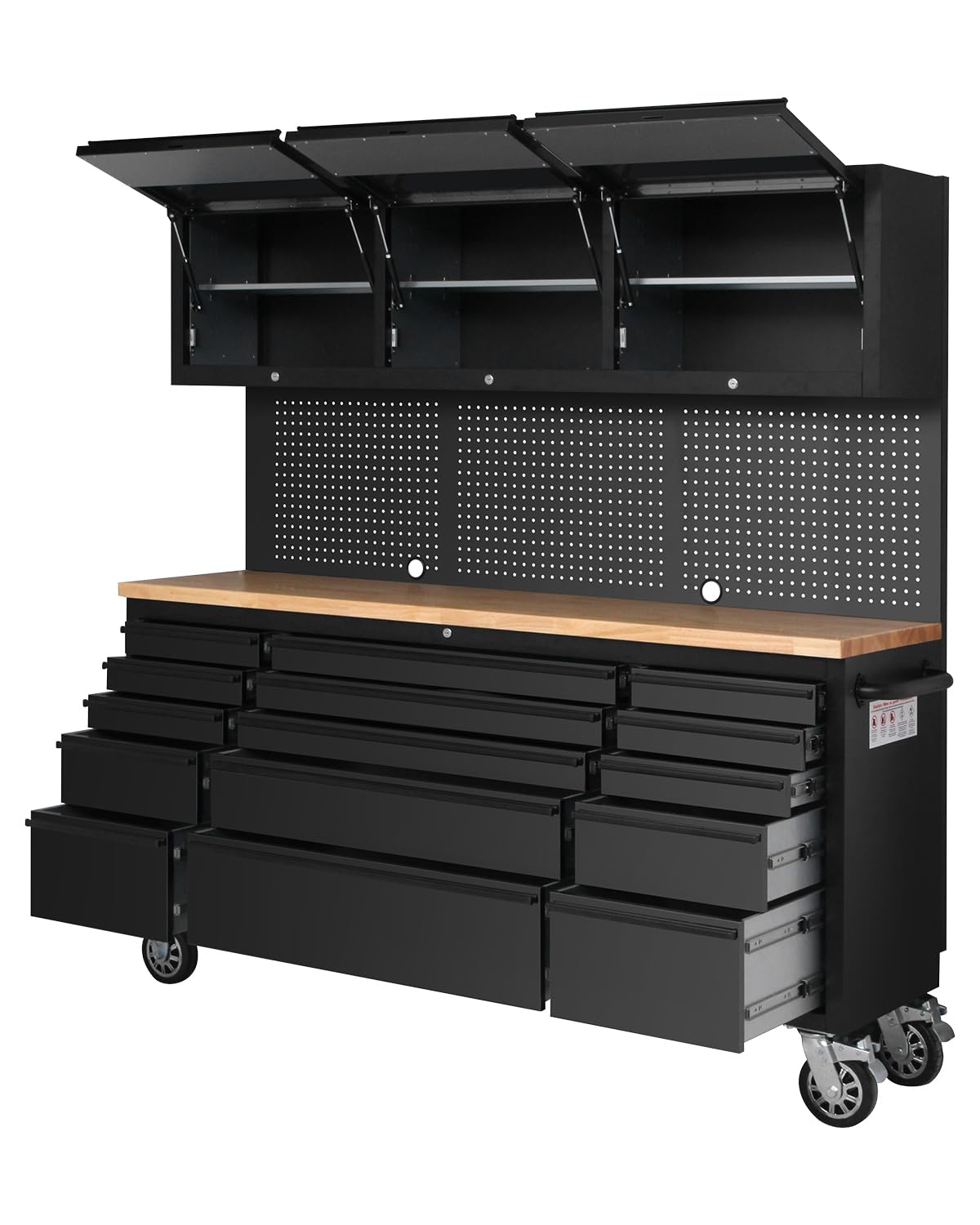 Elementool 72-Inch Heavy-Duty Rolling Garage Workbench with 15 Drawers, 3 Cabinets, Wheels & Pegboard - Steel Frame Tool Chest Storage Solution for Mechanics Workshop Organization, Matte Black Elementool