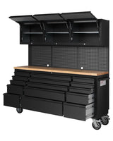 Elementool 72-Inch Heavy-Duty Rolling Garage Workbench with 15 Drawers, 3 Cabinets, Wheels & Pegboard - Steel Frame Tool Chest Storage Solution for Mechanics Workshop Organization, Matte Black Elementool