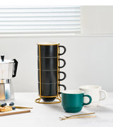 YHOSSEUN Porcelain Stackable Coffee Mug Set With Rack, Demitasse Cups with Espresso Spoons, 11 Oz For Coffee Drinks, Latte, Macchiato, Cafe Mocha Set of 4,Black YHOSSEUN