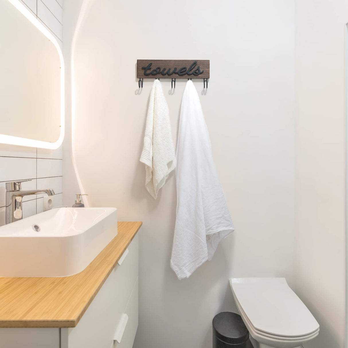 Mkono Towel Holder Wall Mounted Towel Racks for Bathroom Farmhouse Decor Rustic Wood Towel Hooks Hang Towels Bathrobe Coat Clothing 12.6" x 5.2" Bath Towel Hanger Storage Organizer Mkono