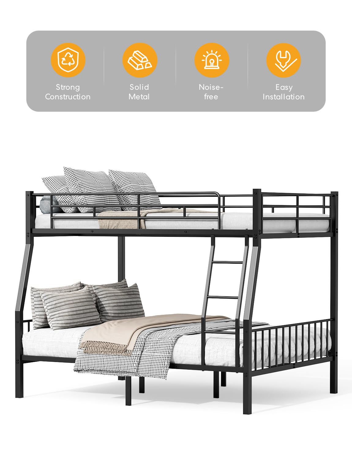 Miscoos Full XL Over Queen Bunk Beds for Adults, Heavy-Duty Metal Bunk Bed Frame with Non-Slip Ladder and Safety Full-Length Guardrails for Kids Teens Adults, Space-Saving, Black