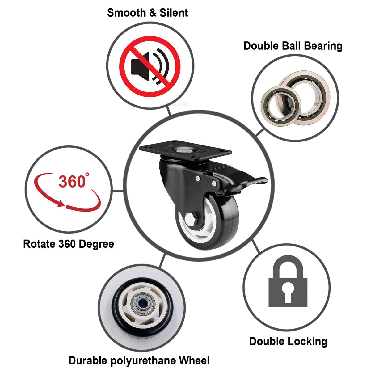 Caster Wheels - 3 Inch Casters Set of 4 Heavy Duty, BOSGEOT Locking Industrial Casters with 360 Degree No Noise Polyurethane Wheels, Swivel Plate Casters with Brake - Pack of 4 BOSGEOT