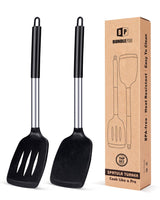 Pack of 2 Silicone Solid Turner, Non Stick Slotted Kitchen Spatulas, High Heat Resistant BPA Free Cooking Utensils, Ideal Cookware for Fish, Eggs, Pancakes(Black) BUNDLEPRO