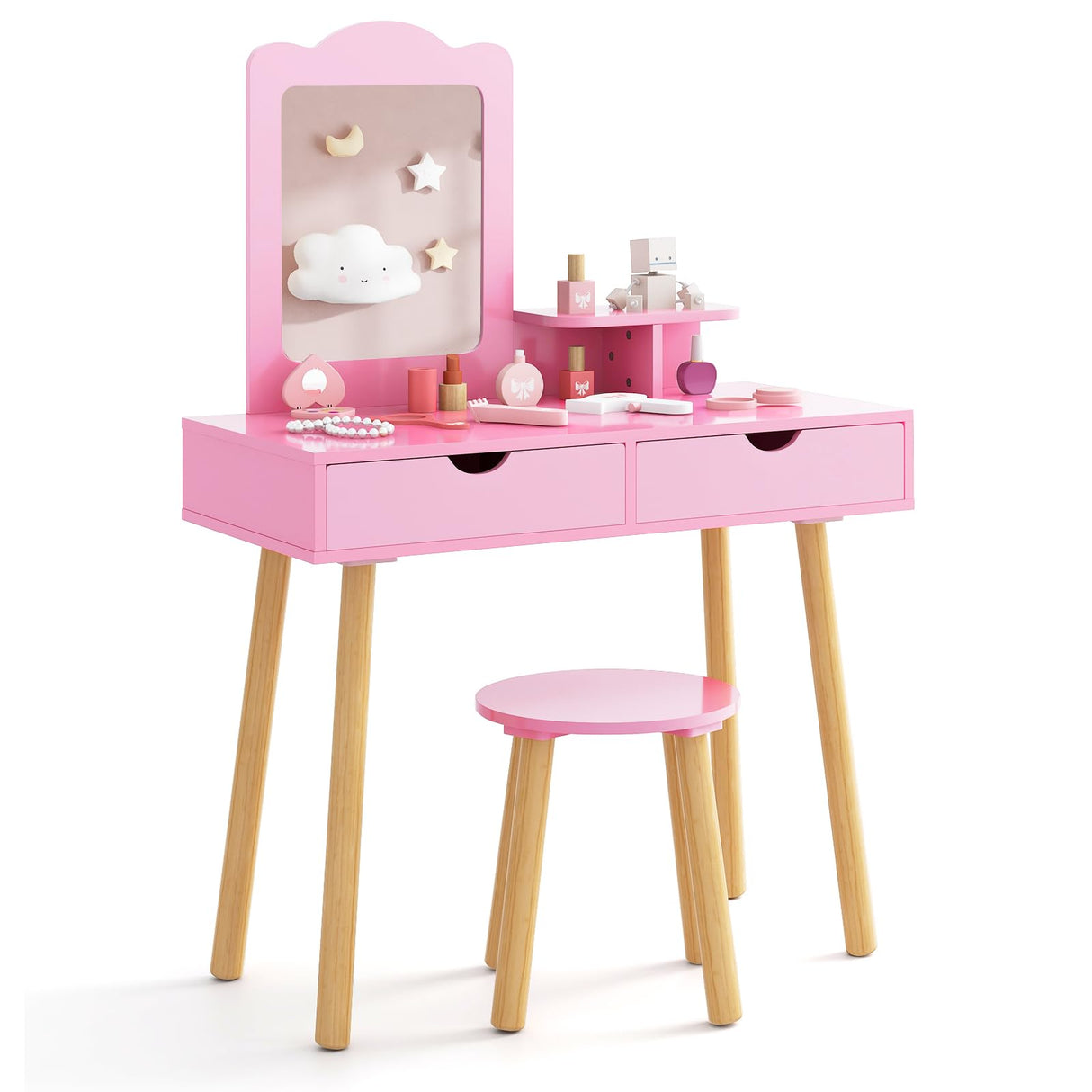 Costzon Kids Vanity Set, Girls Vanity Set with Mirror and Stool, 2 Large Drawers, Storage Shelf, Wooden Princess Makeup Dressing Table, Pretend Play Vanity Table and Chair Set for Toddlers (Pink) Costzon