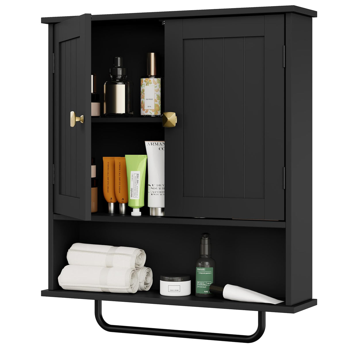 RRX Bathroom Cabinet Wall Mounted Medicine Cabinets with Towels Bar, Over The Toilet Storage Cabinet with 2 Doors and Adjustable Shelf, White Wall Cabinet for Bathroom Laundry Kitchen (Black) RRX