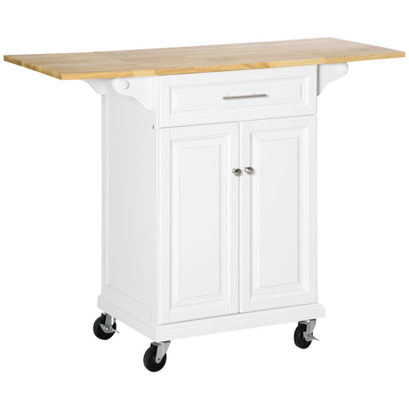 HOMCOM Kitchen Island with Drop Leaf Trolley Cart on Wheels Drawer Cabinet Towel Racks Versatile Use Natural Wood Top and White HOMCOM