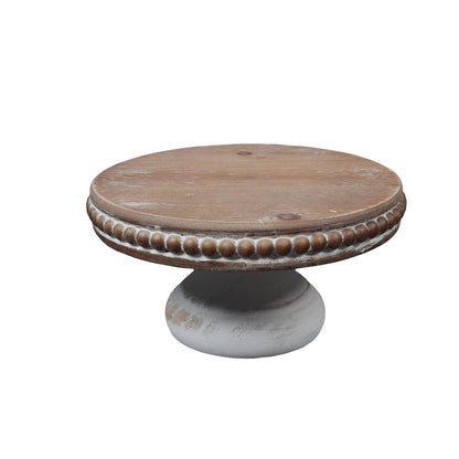 dwellington White Wash Round Display Wood Riser, 8.25” Shabby Chic Pedestal Tray Decor with Beads, Farmhouse Display Stands for Coffee Bar, Bathroom, Kitchen Island