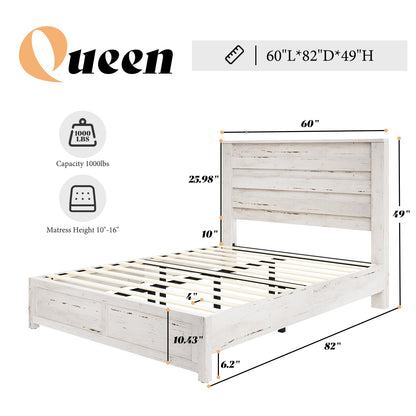 AMERLIFE Distressed White Queen Size Platform Bed Frame with Fluted 49" Headboard - WoodArtSupply