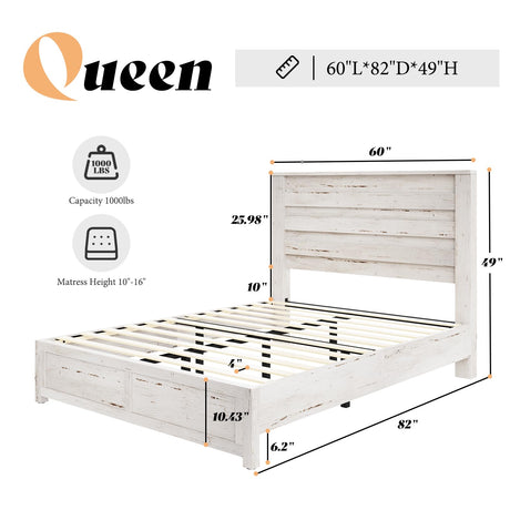 AMERLIFE Farmhouse Queen Size Bed Frame with 49" Fluted Headboard, Wood Platform Bed with Natural Grain, No Box Spring Needed/Noise Free, Distressed White AMERLIFE