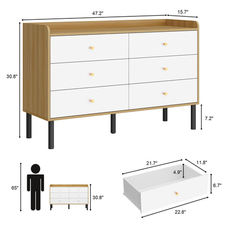 BAZELOR Kids Dresser for Bedroom, 6 Drawer Baby Dresser with Golden Handles, Modern Wood Chest for Hallway, Entryway, Nursery, White BAZELOR
