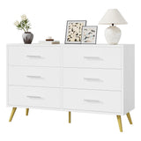 Shintenchi 6 Drawer Dresser, White Double Dresser for Bedroom, Modern Chest of Drawers TV Stand, Wooden Storage Organizer for Living Room, Entryway, White and Gold Dresser Shintenchi