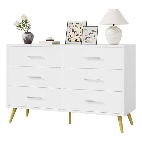 Shintenchi 6 Drawer Dresser, White Double Dresser for Bedroom, Modern Chest of Drawers TV Stand, Wooden Storage Organizer for Living Room, Entryway, White and Gold Dresser Shintenchi