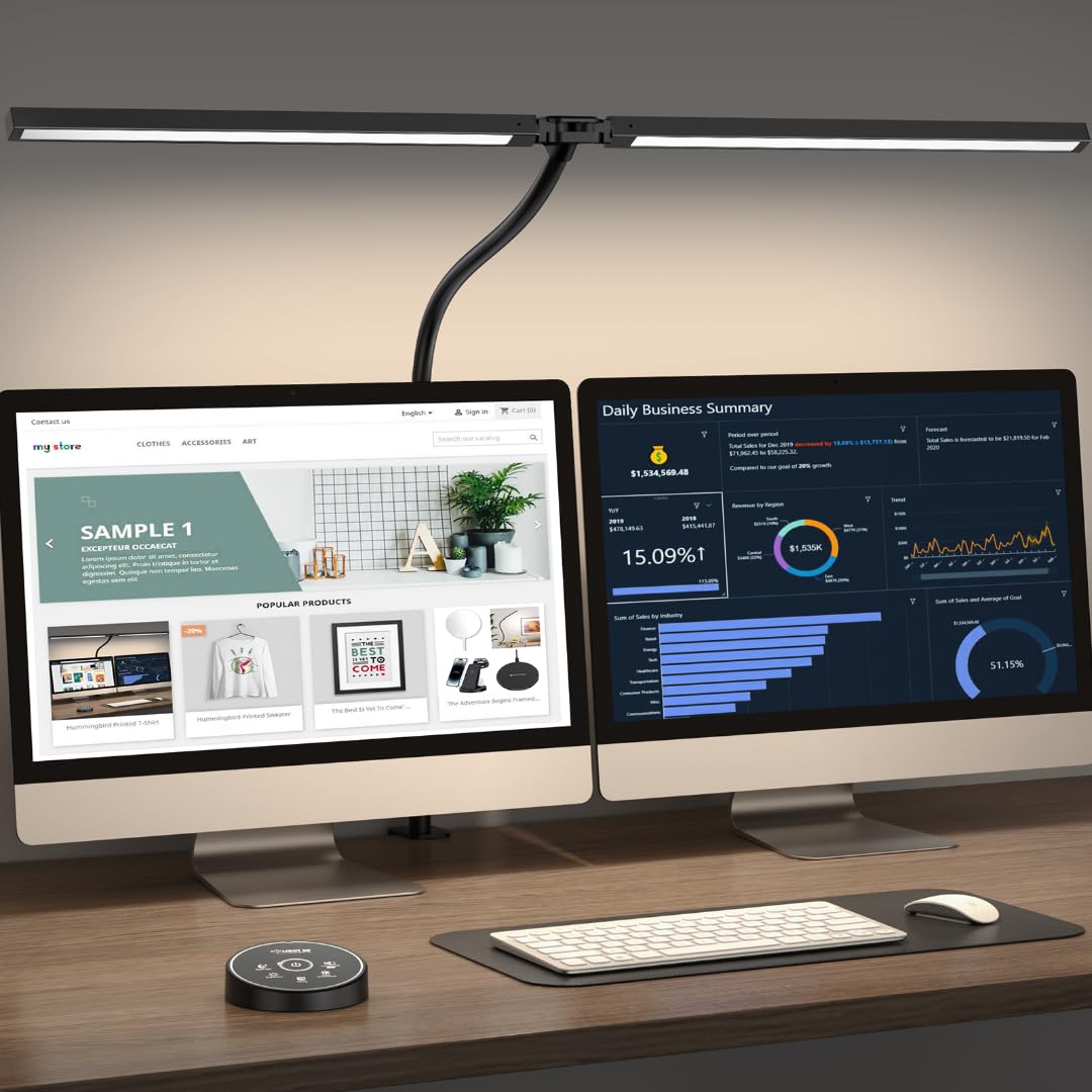 Led Desk Lamp for Office Home - Eye Caring Architect lamp with Clamp,Dual Screen Computer Monitor Gooseneck Smart Light: 24W 5 Color Flexible Adjustable Lighting Table Lamp for Study Drafting Pzloz