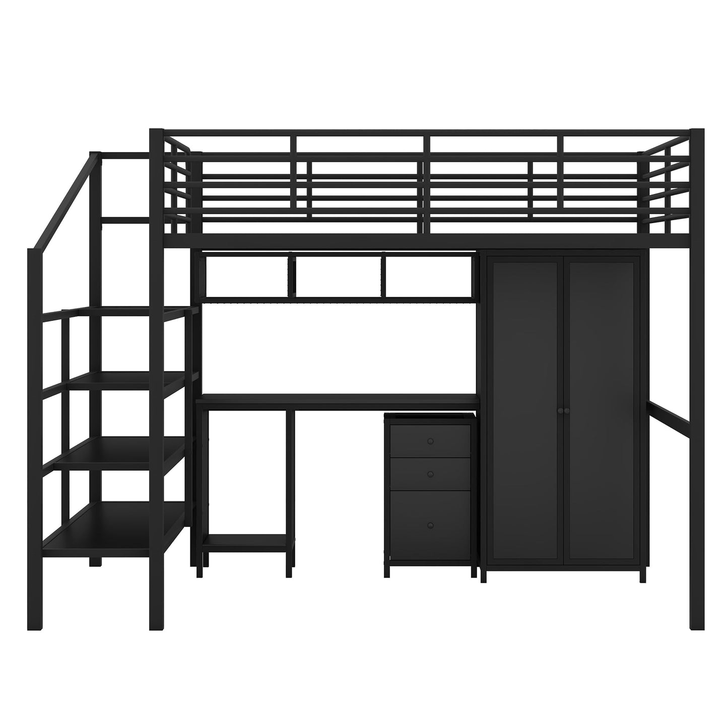 Ziraukon Full Loft Bed with Stairs, Metal Bed Frame Full Size with Desk and Wardrobe, Heavy-Duty High Loft Bedframe, Loft Bed Full Size Adults, Black