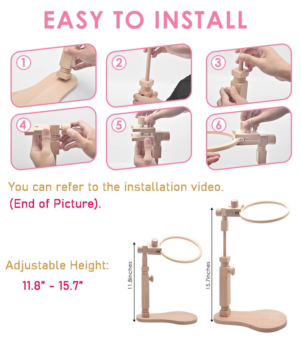 TINDTOP Beech Wood Embroidery Hoop Stand, with 3pcs Embroidery Hoops (3inch + 6inch + 8inch), Adjustable Rotated Wooden Embroidery Hoop Holder for Cross Stitch and Embroidery Projects TINDTOP