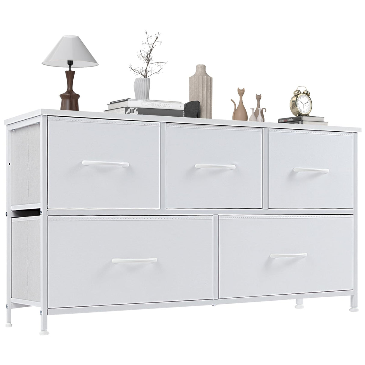 OLIXIS 5 Drawer Dresser Nightstand Classic White, Wooden Top Metal Frame Fabric Storage Organizer for Bedroom Living Room Entryway, Wide TV Stand Closet Chest Furniture OLIXIS
