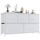 OLIXIS 5 Drawer Dresser Nightstand Classic White, Wooden Top Metal Frame Fabric Storage Organizer for Bedroom Living Room Entryway, Wide TV Stand Closet Chest Furniture OLIXIS