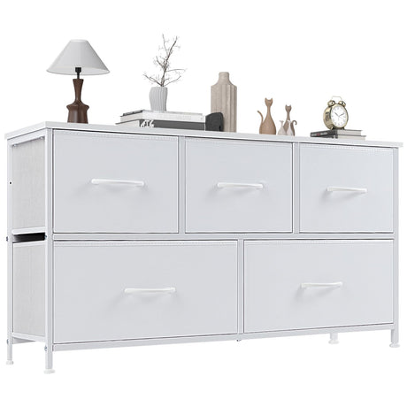 OLIXIS 5 Drawer Dresser Nightstand Classic White, Wooden Top Metal Frame Fabric Storage Organizer for Bedroom Living Room Entryway, Wide TV Stand Closet Chest Furniture OLIXIS