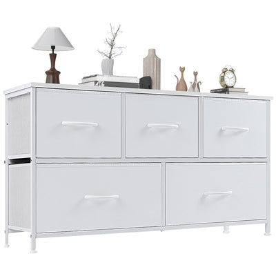 OLIXIS 5 Drawer Dresser Nightstand Classic White, Wooden Top Metal Frame Fabric Storage Organizer for Bedroom Living Room Entryway, Wide TV Stand Closet Chest Furniture