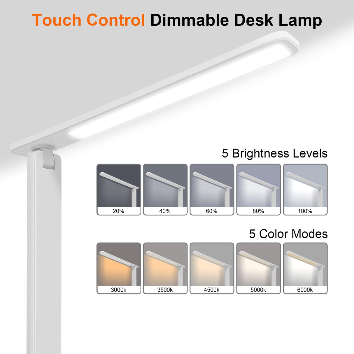 karidi LED Desk Lamp Dimmable Table Lamp Reading Lamp with USB Charging Port, 5 Lighting Modes, Sensitive Control, Foldable Portable Desk Light for Home Office Bedroom Reading (White) karidi