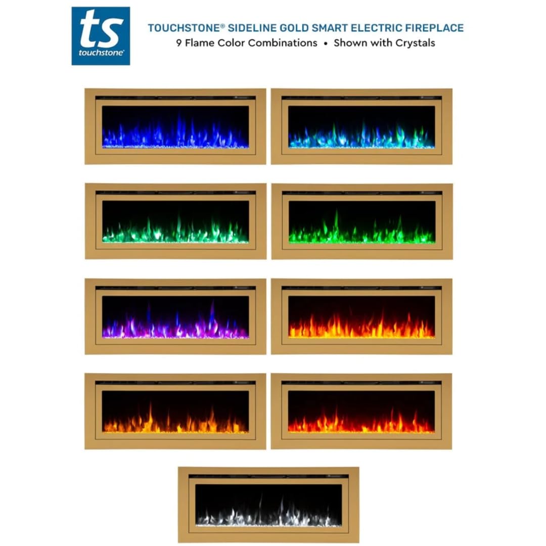 Touchstone Sideline Deluxe® -Gold Smart Electric Fireplace- 72 Inch Wide- Alexa®/WiFi-Enabled- in Wall Recessed- 5 Flame Settings- 9 Flame Colors- 1500W Heater- Log & Crystal Options- 86278
